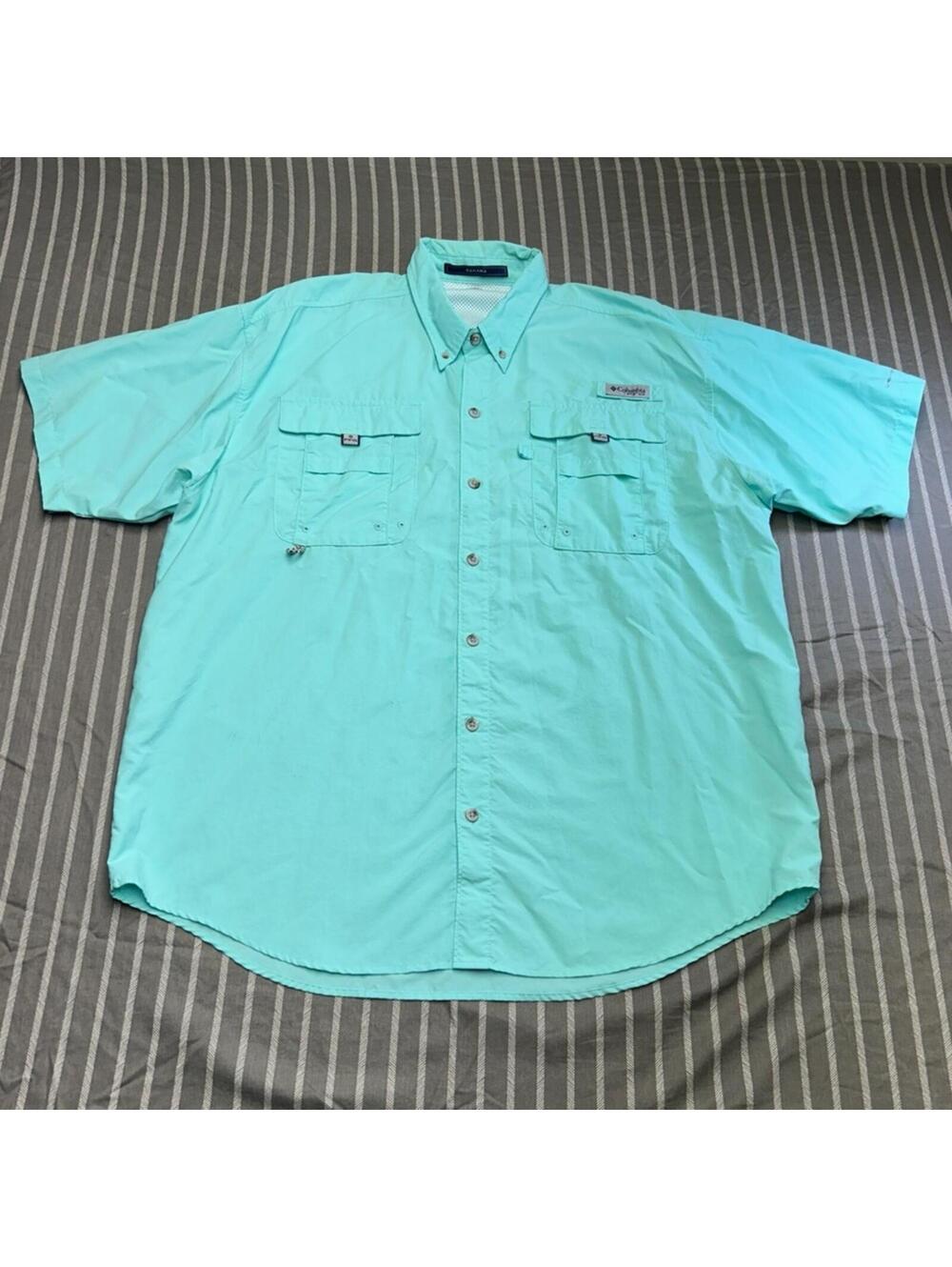 Columbia PFG BAHAMA Fishing Shirt Men L Teal Blue Vented Omni-Shade Short Sleeve